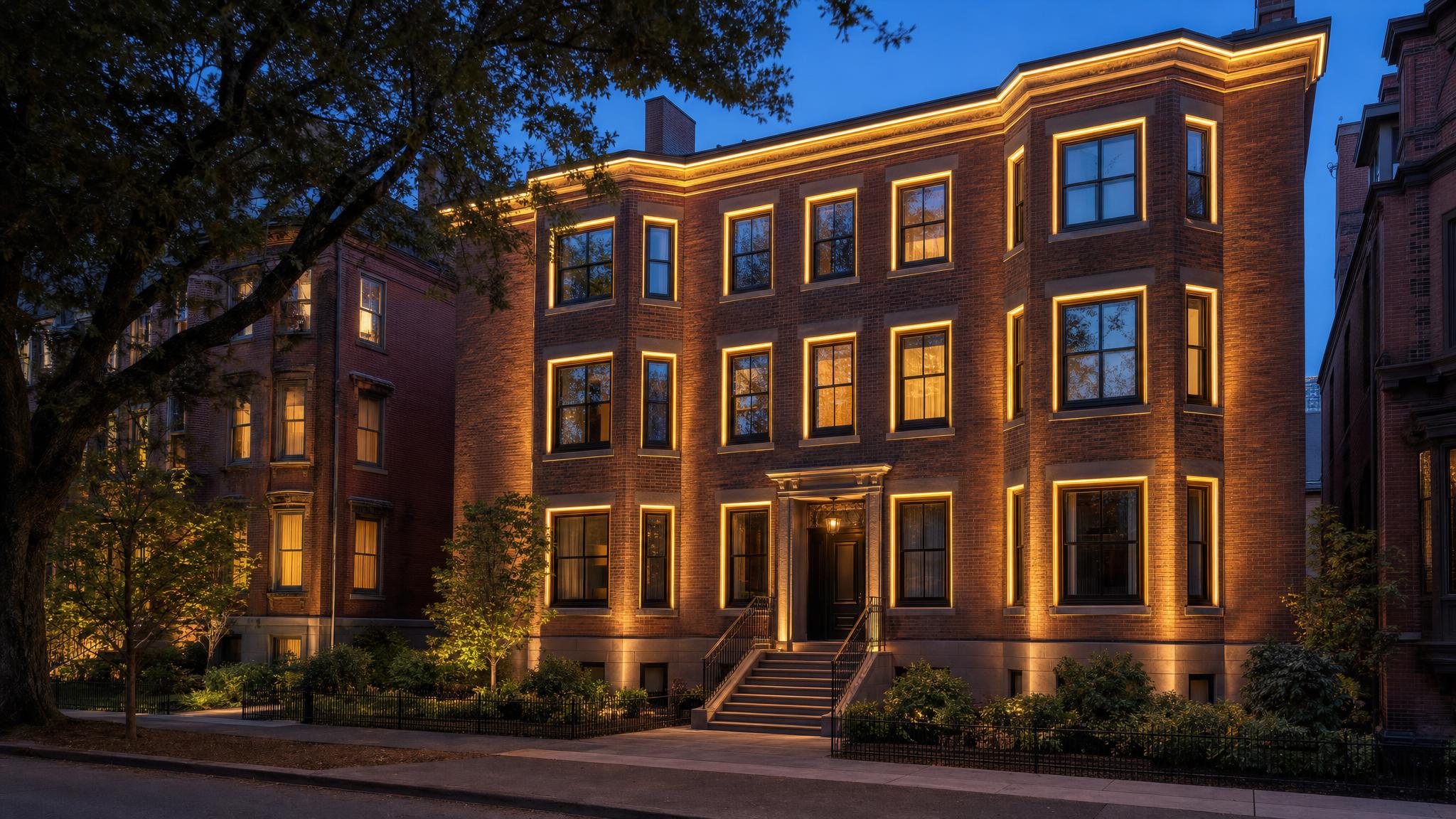 Holiday roofline lighting on a colonial home in Bedford, New Hampshire