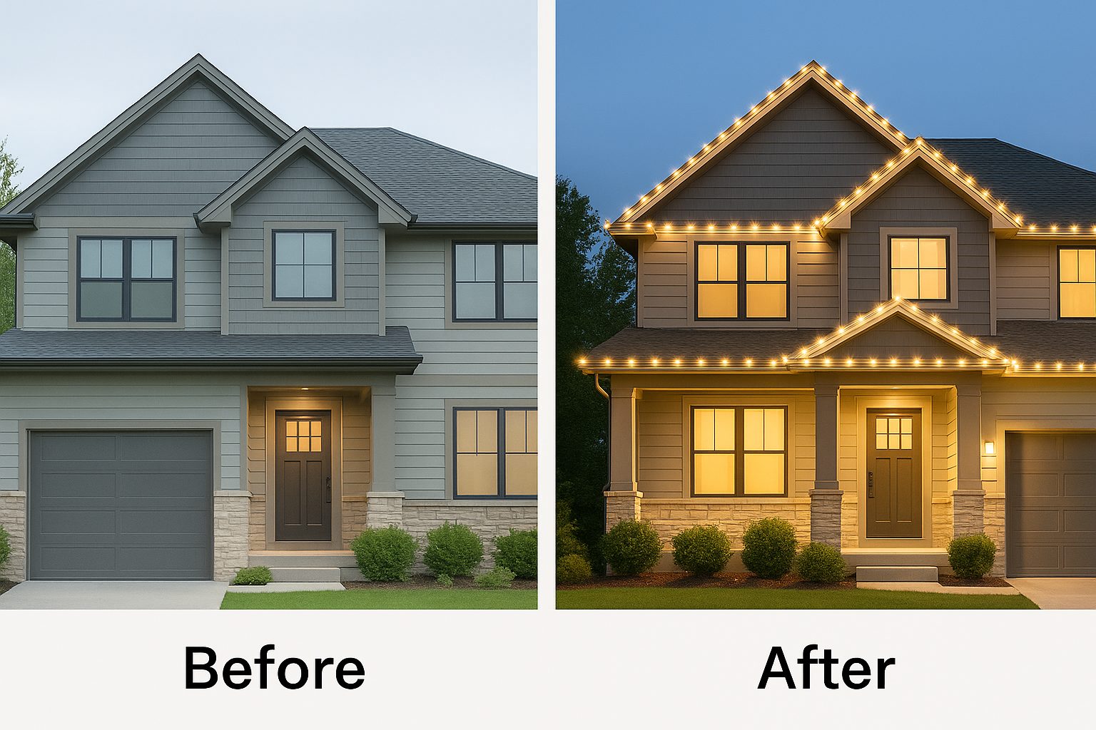 Professional roofline lighting install on a New England home photographed after dark