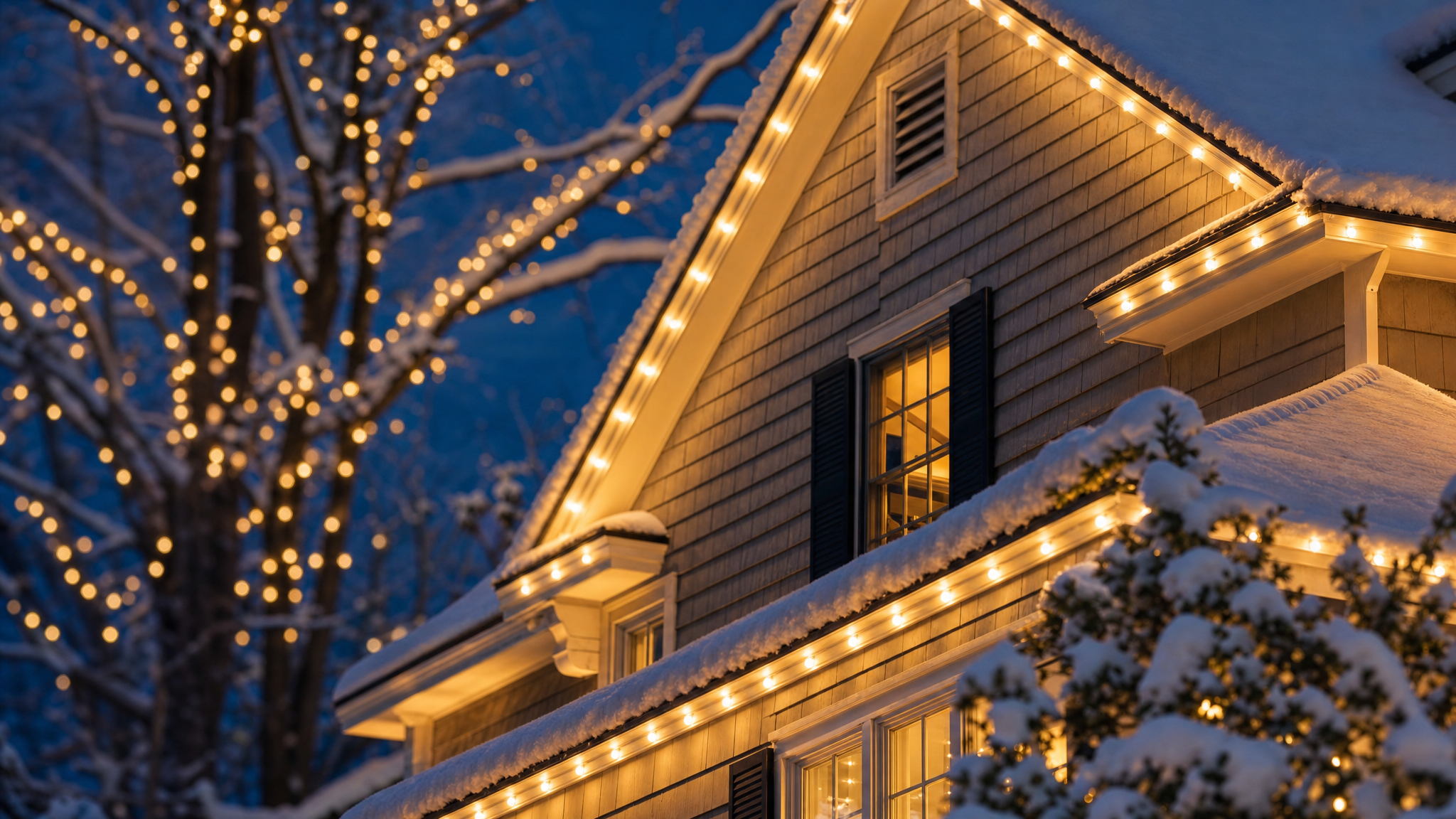 Close-up of warm amber LED roofline lights on a snowy New England shingle home at blue-hour