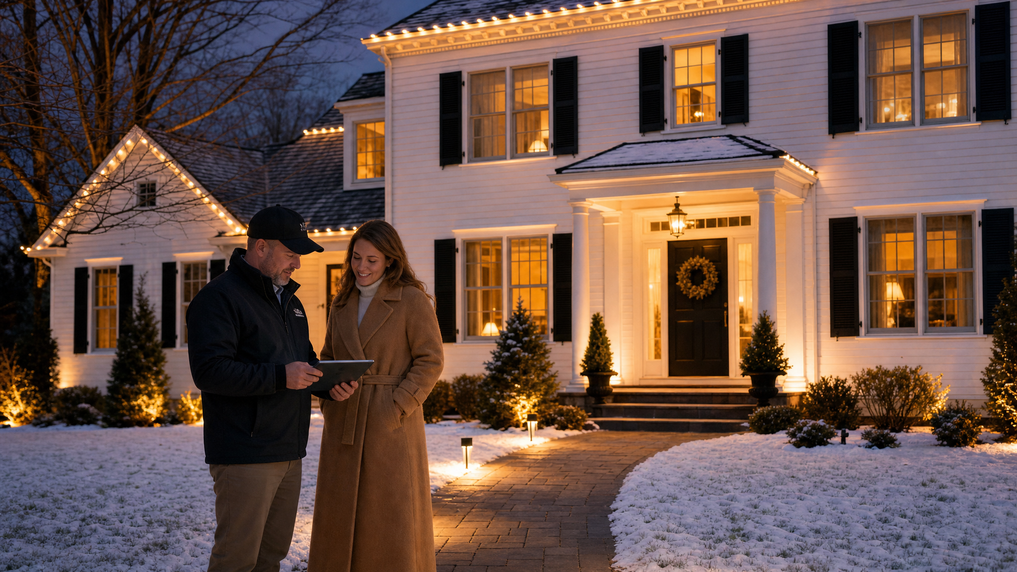 New England lighting consultant reviewing a quote with a homeowner at twilight