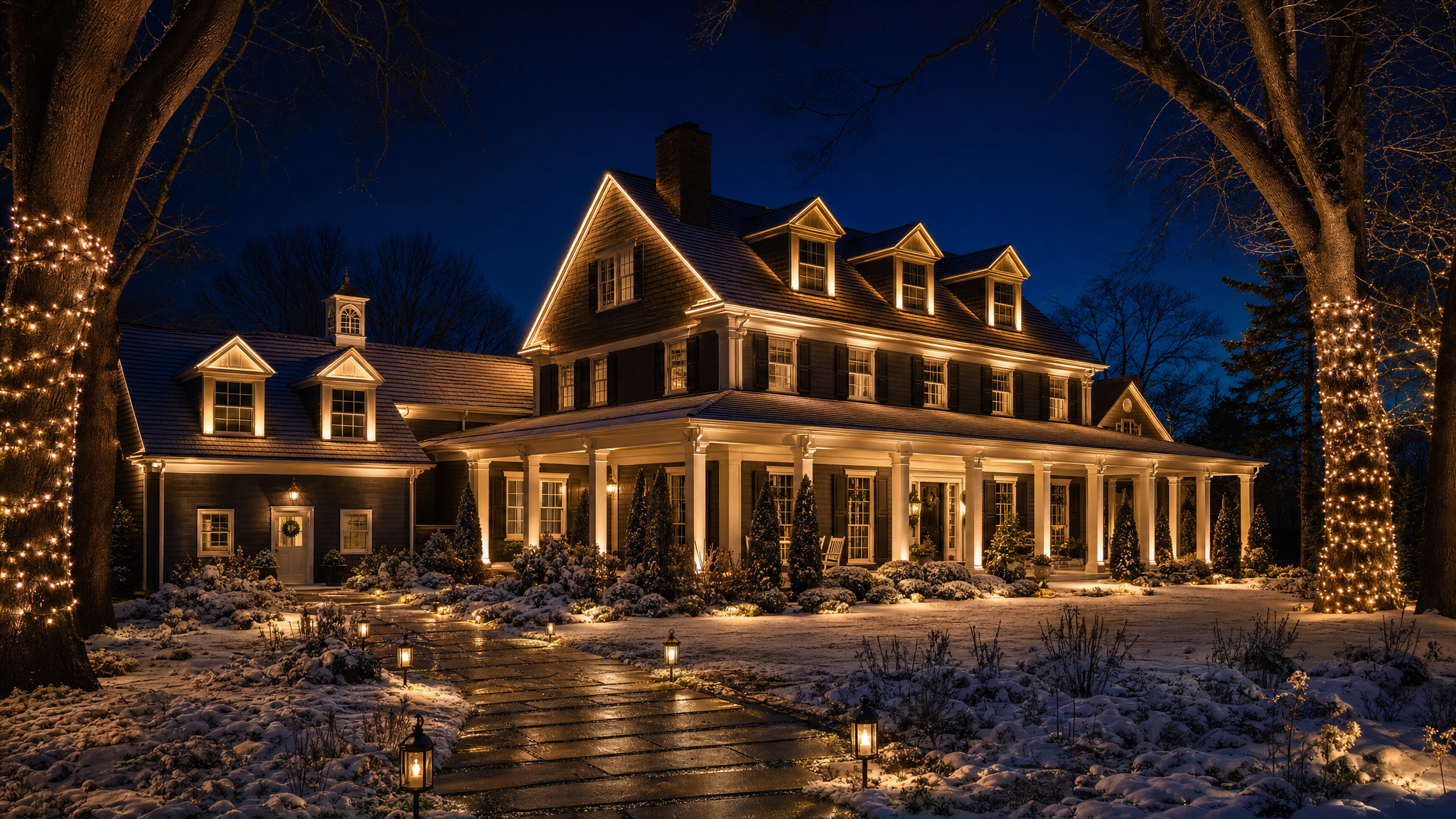 New England home with warm holiday roofline lighting in winter at twilight