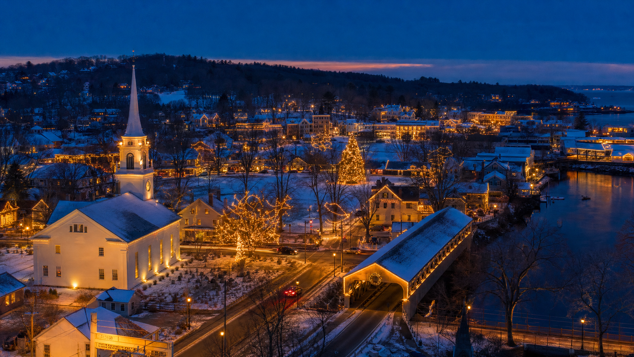 New England historic town center with church steeple and covered bridge lit at blue-hour twilight