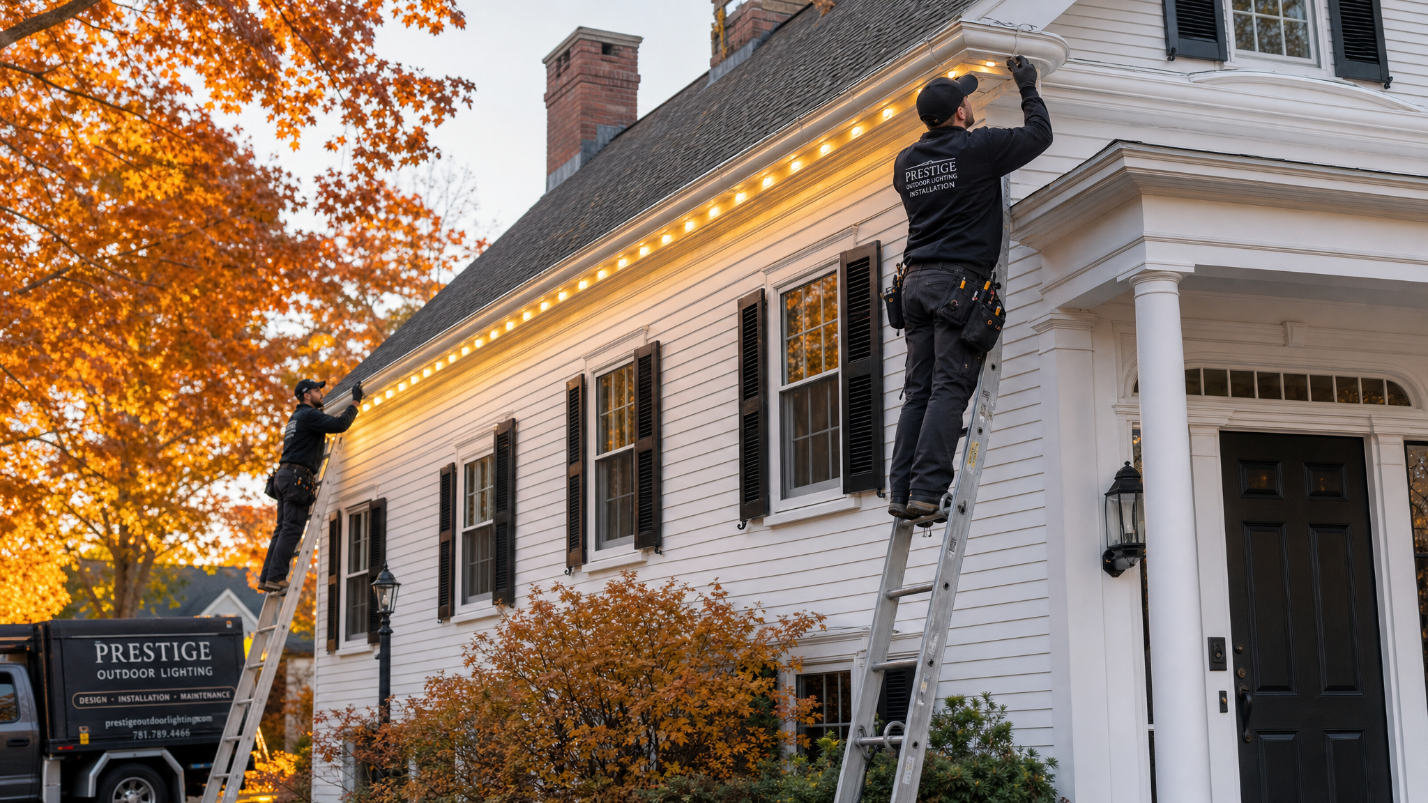 New England Lighting Partners crew installing roofline lights on a colonial home at dusk