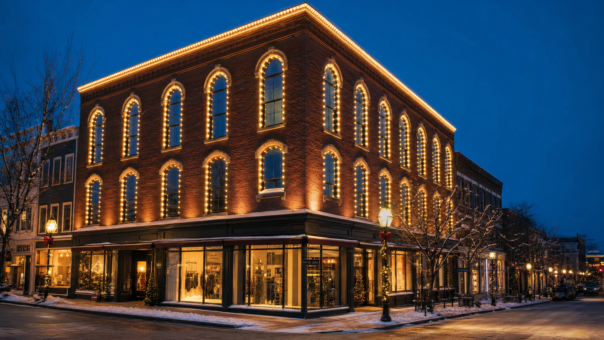 New England commercial building at dusk with warm architectural holiday lighting