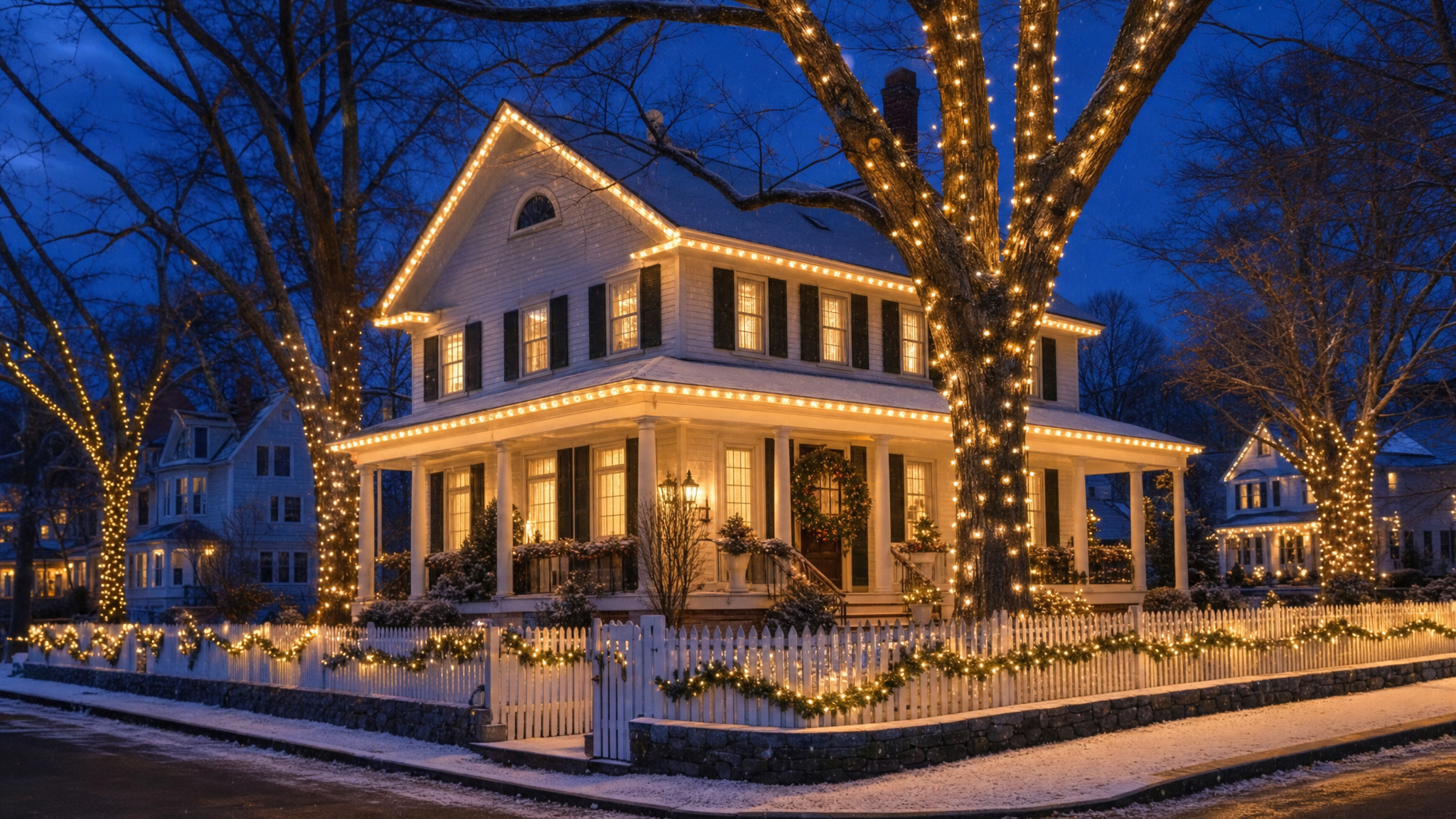 New England colonial home with warm holiday roofline and tree lighting in winter at dusk