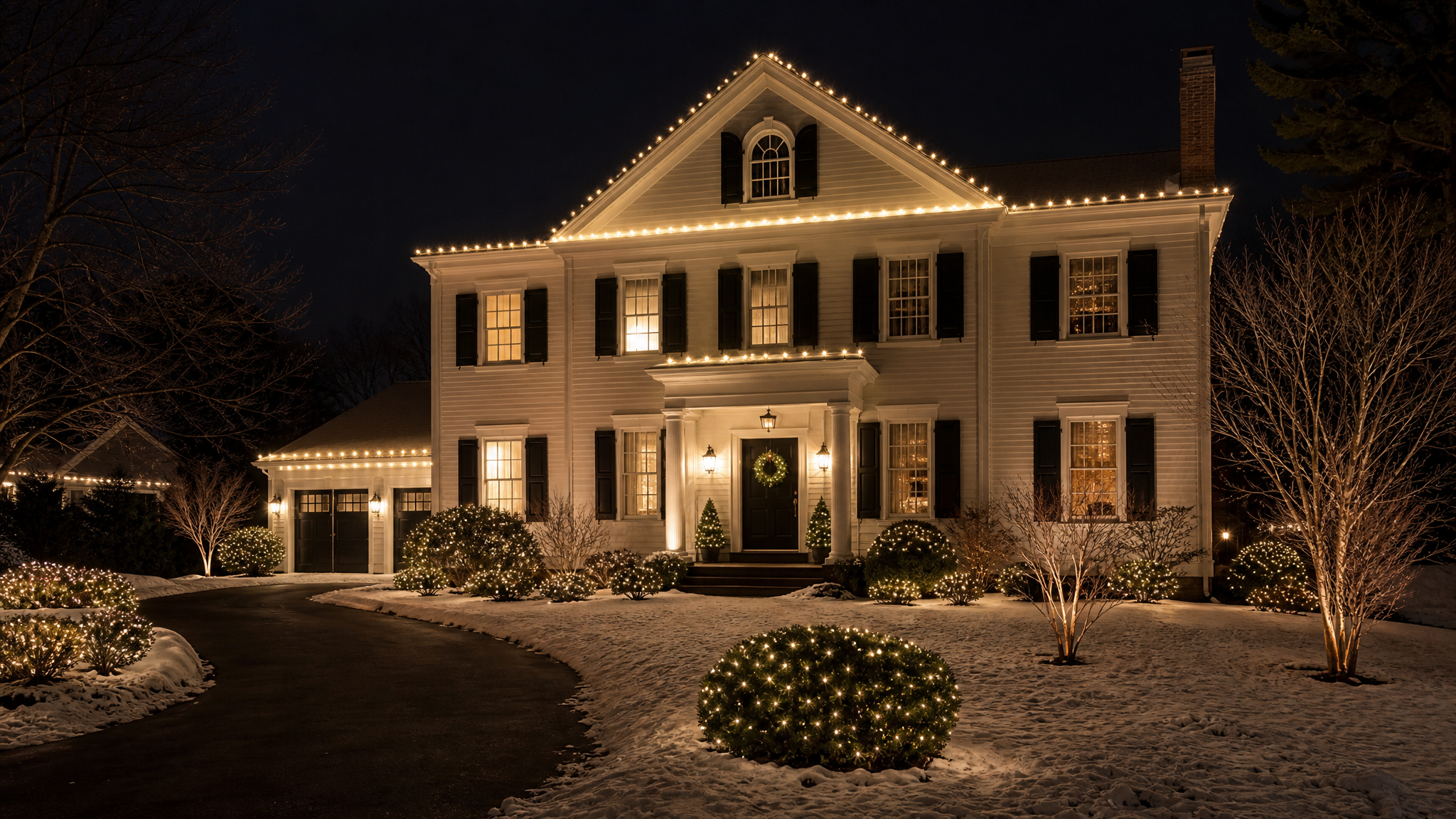 New England Lighting Partners exterior lighting on a classic New England colonial at dusk