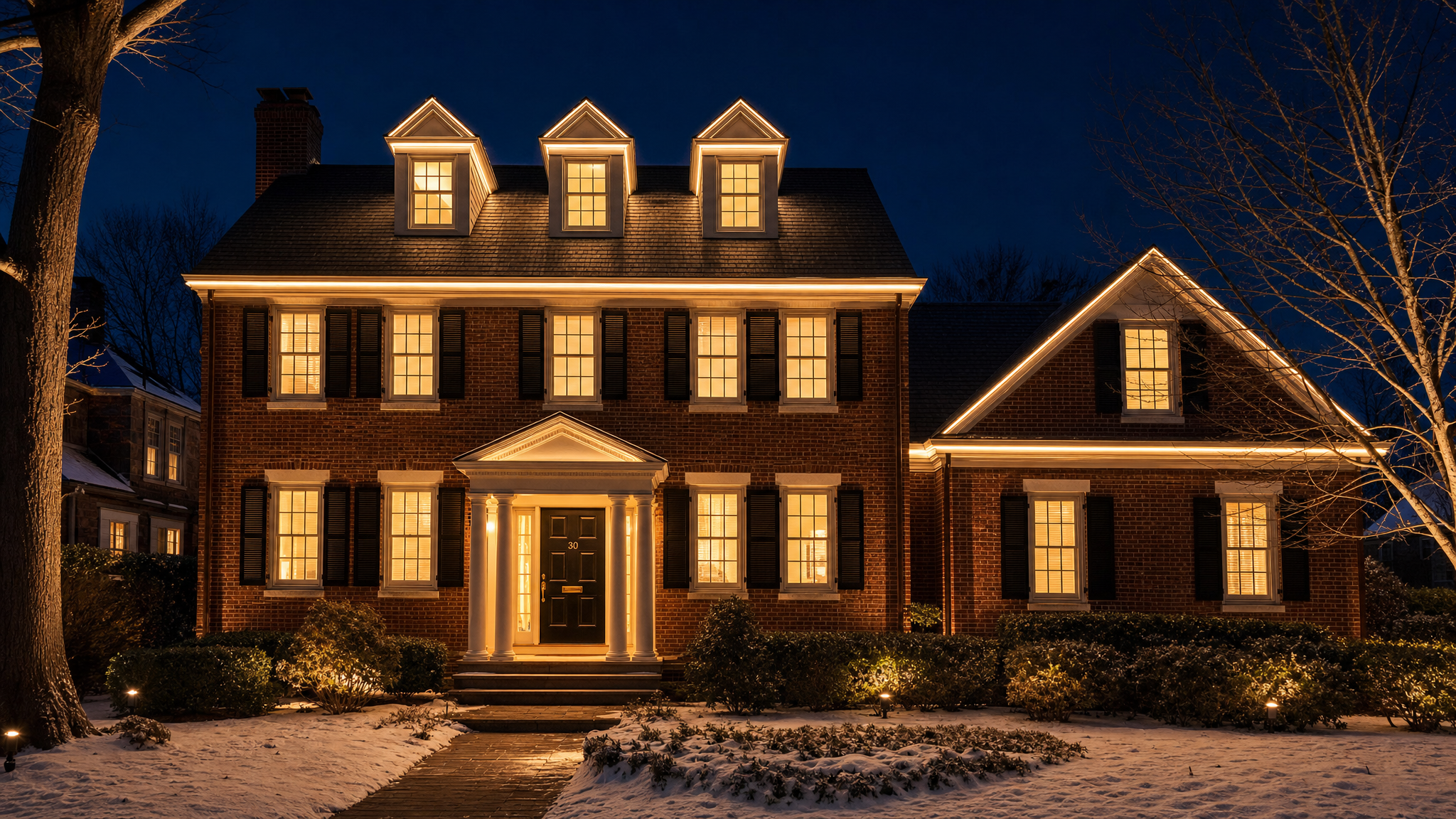 New England home with app-controlled permanent LED architectural lighting at night