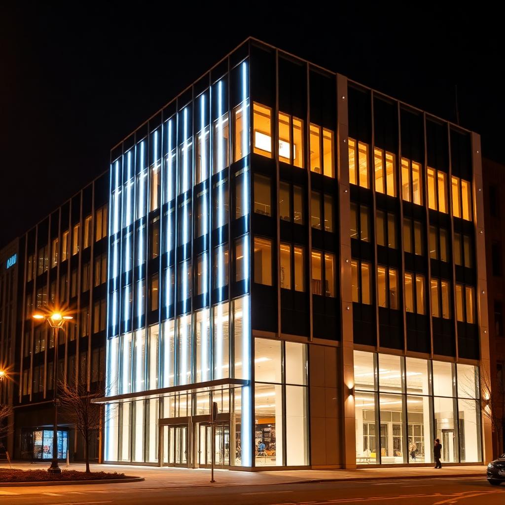 Commercial building in a New England downtown lit with warm-white architectural accents