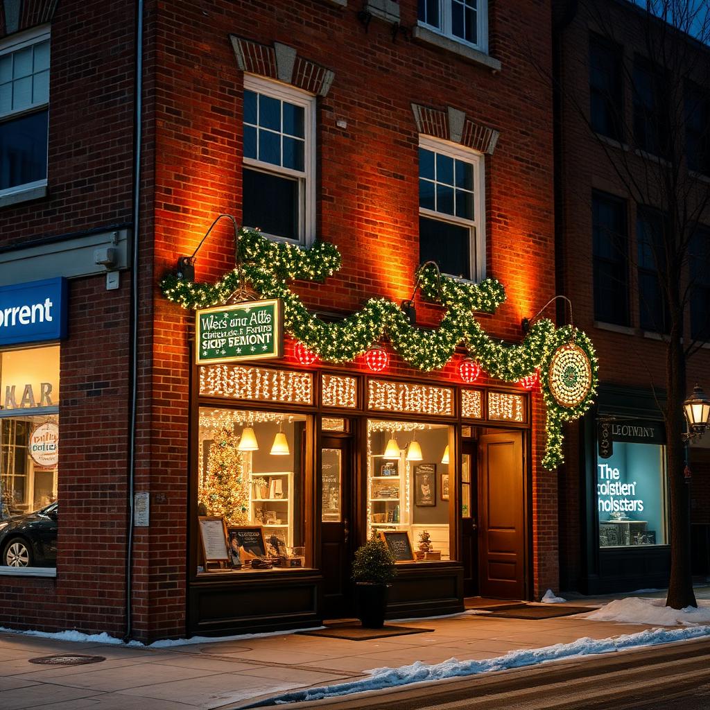 Holiday roofline lighting and lit garland on a snowy New England shingle-style home