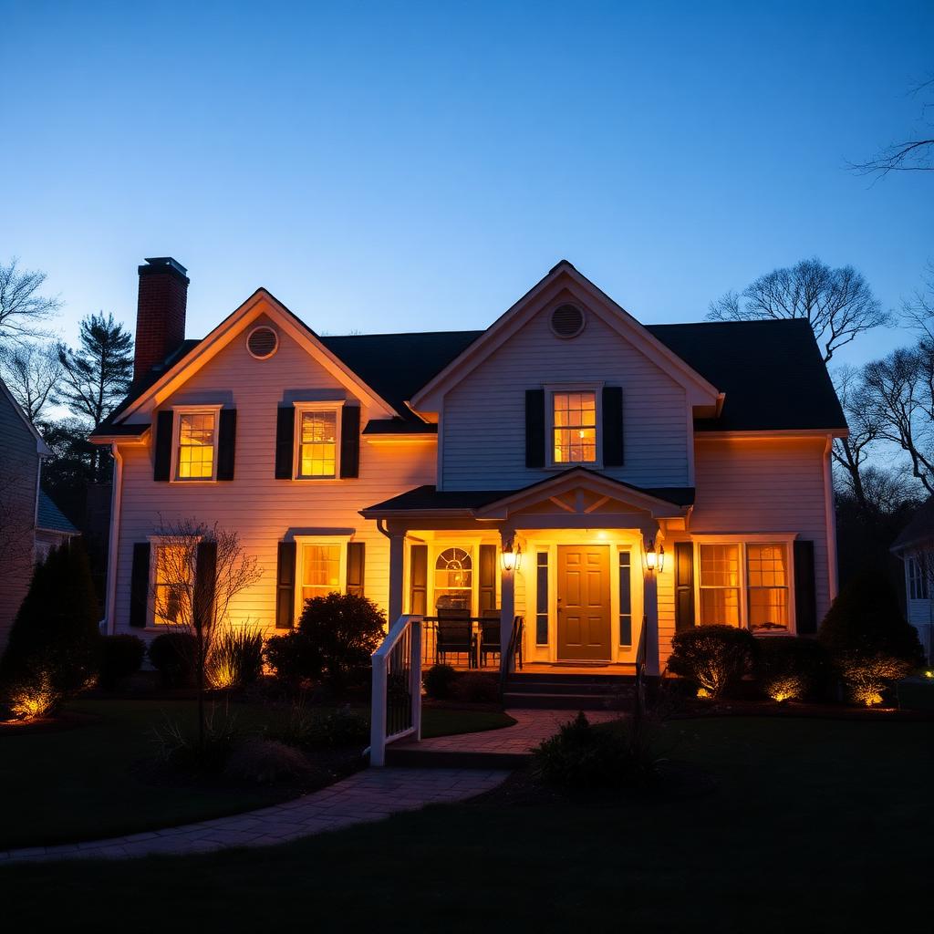 Residential permanent LED lighting outlining the eaves of a New England home